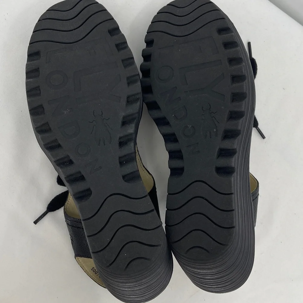 FLY LONDON SIZE 40 Black Women's Wedge Sandals Lace up OPEN TOE MADE IN INDIA